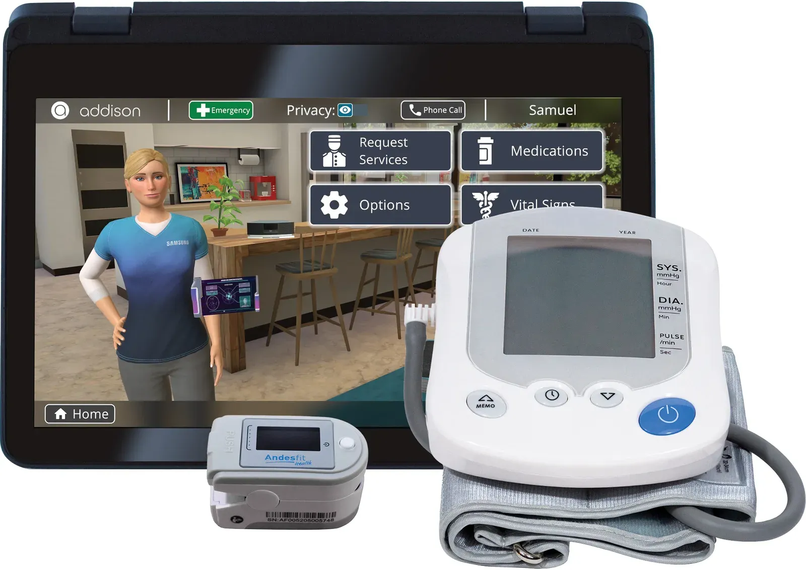 The Addison Care package: the in-home tablet showing the virtual caregiver, a pulse oximeter, and a blood pressure monitor
