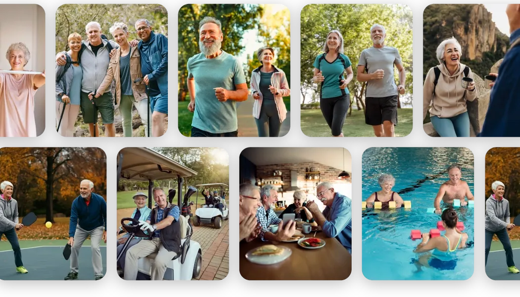A collage of older adults walking, cycling, swimming, and socializing