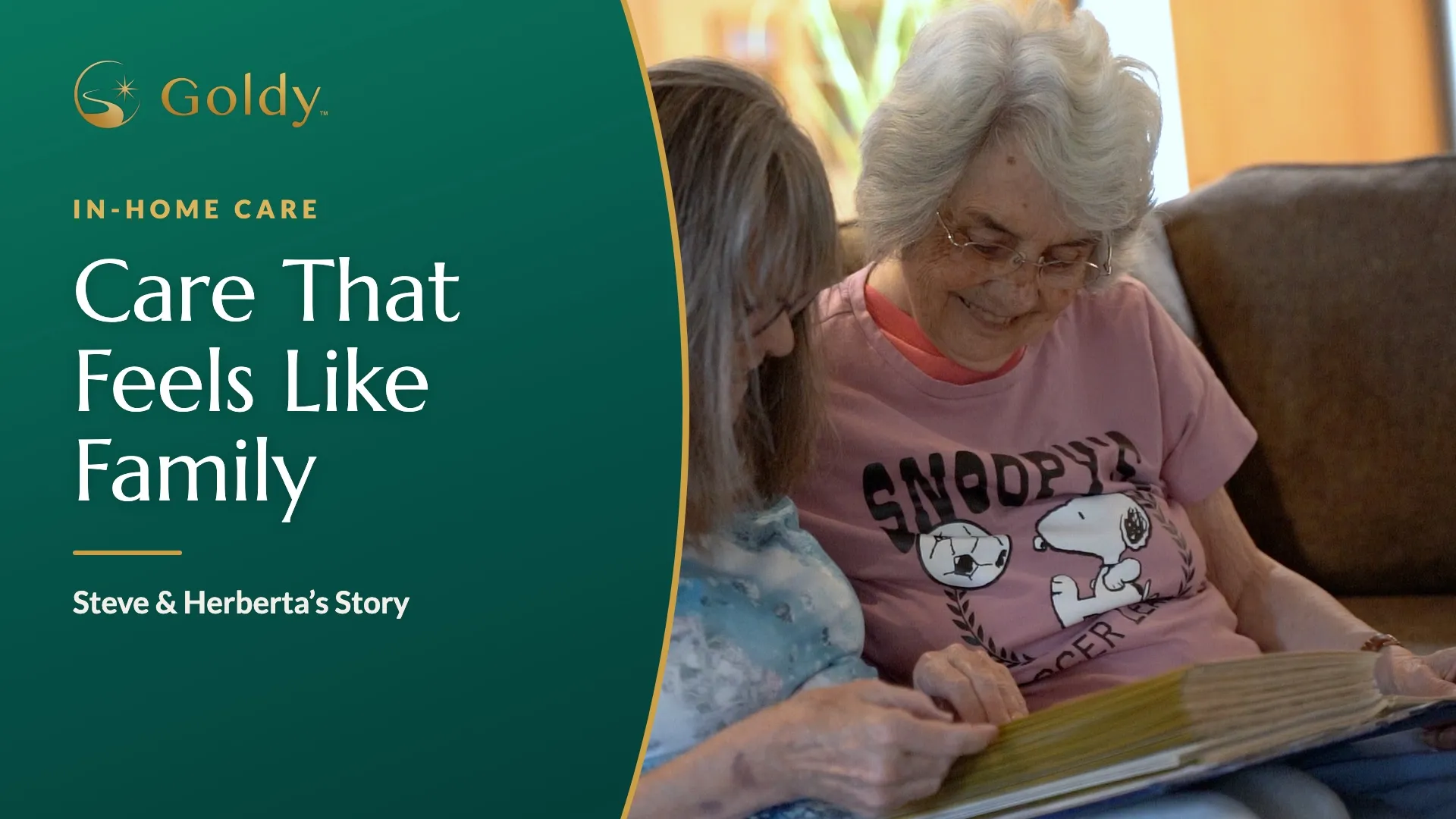 Care That Feels Like Family, Steve and Herberta’s Story: a Goldy caregiver and Herberta smiling over a family photo album on the couch