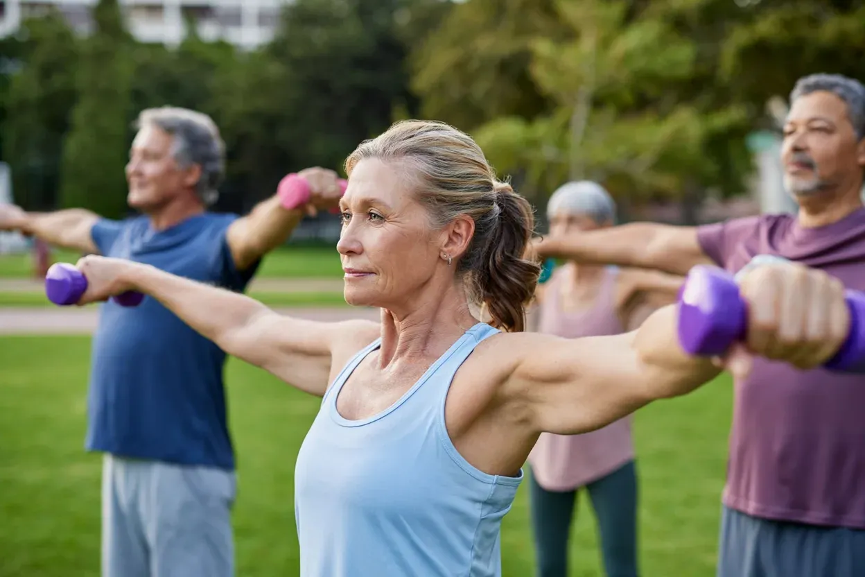 A group of older adults exercising outdoors with hand weights in a park