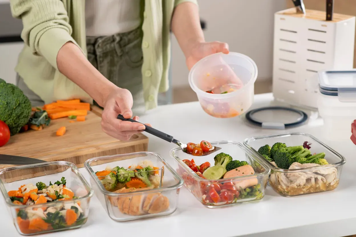 Fresh, portioned meals in glass containers being prepared on a kitchen counter