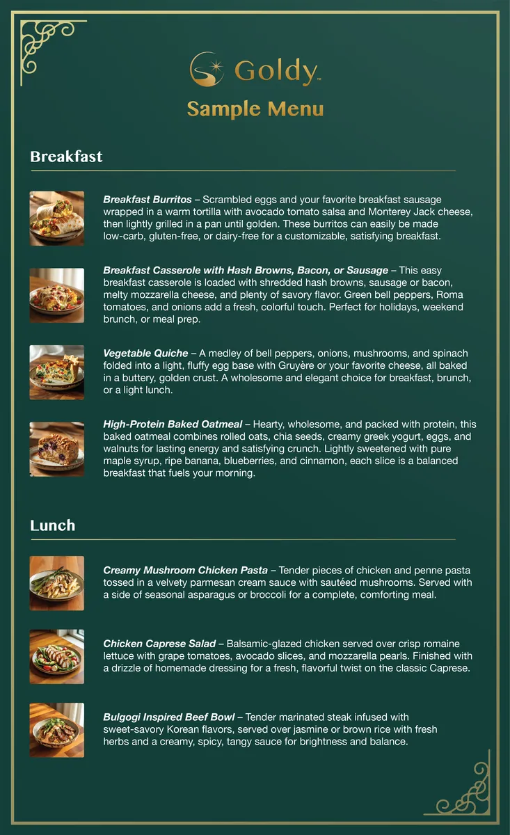 Goldy sample menu, page 1, breakfast and lunch