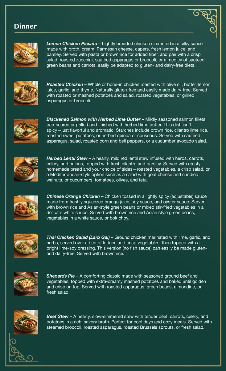 Goldy sample menu, page 2, dinner